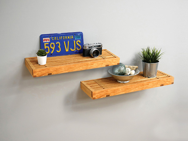 Two slatted cherry shelves with blind floating hardware